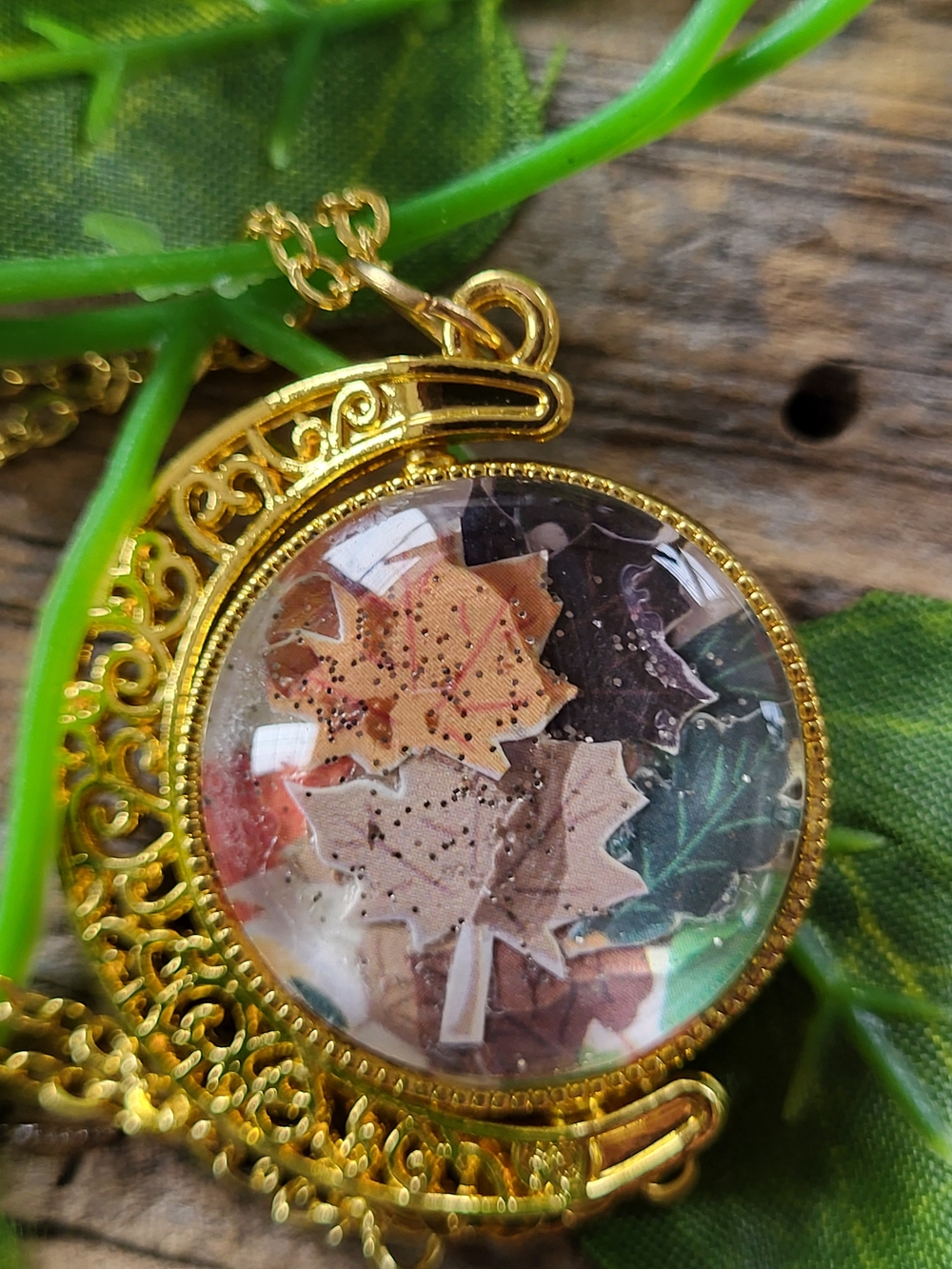 Autumn Leaf Double Sided Necklace Habdcrafted Under Glass Cabachon